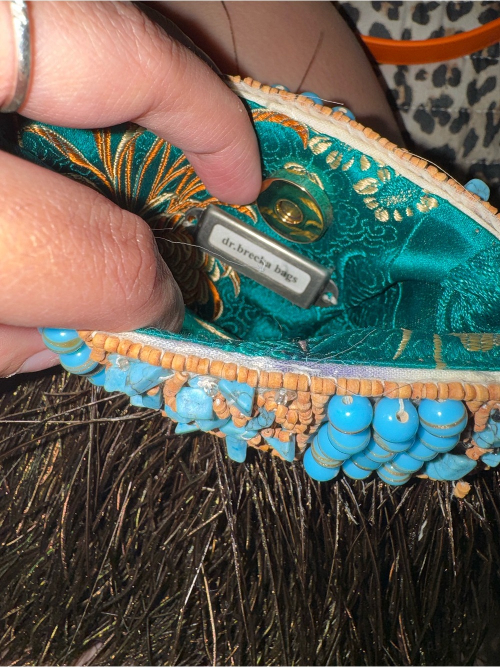 Handcrafted Turquoise & Green Beaded Mini Bag with Feather Fringe - Picture 4 of 4
